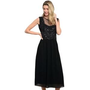 VERTY Black Chiffon Dress Illusion Mesh Neck Embellished Sequins Midi Silhouette